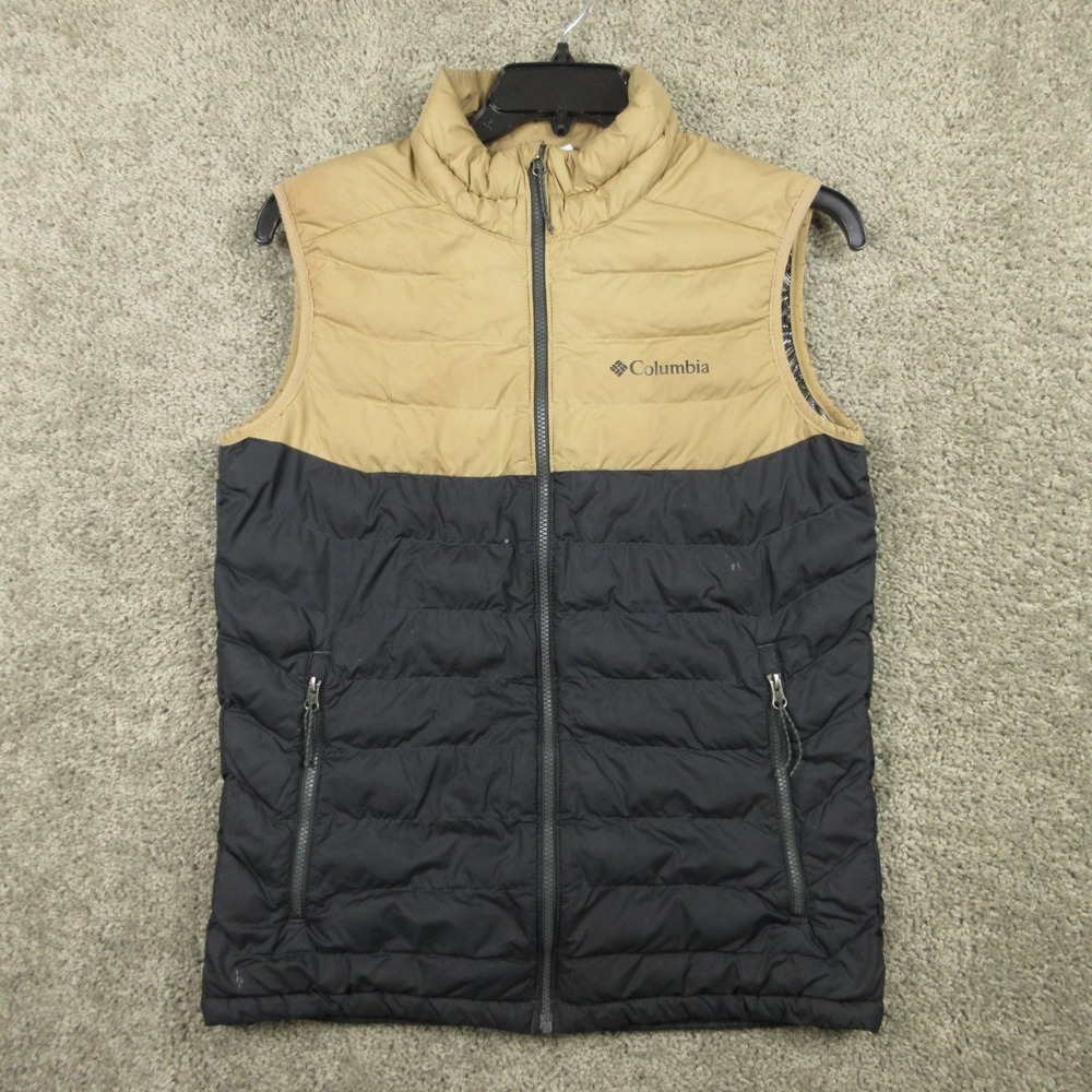 Columbia Vest Mens Medium Tan Black Omni Heat Puffer Jacket Outdoor Mountain Zip
